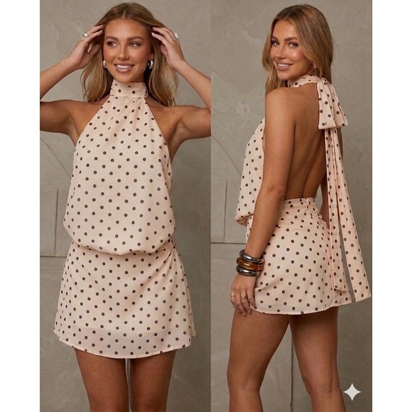 Princess Polly Dresses & Skirts - Polka Dot Natalea halter Mini Dress Romper Backless Tie Neck Peach Brown 10